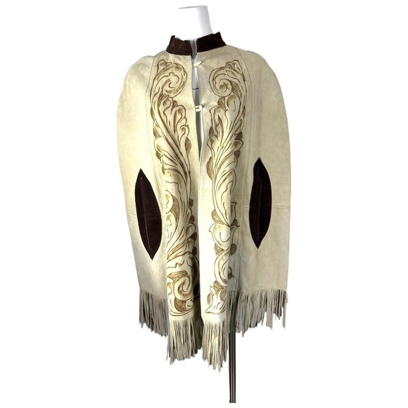 Suede Leather Vintage Cape Poncho Fringe Western - Picture 4 of 8